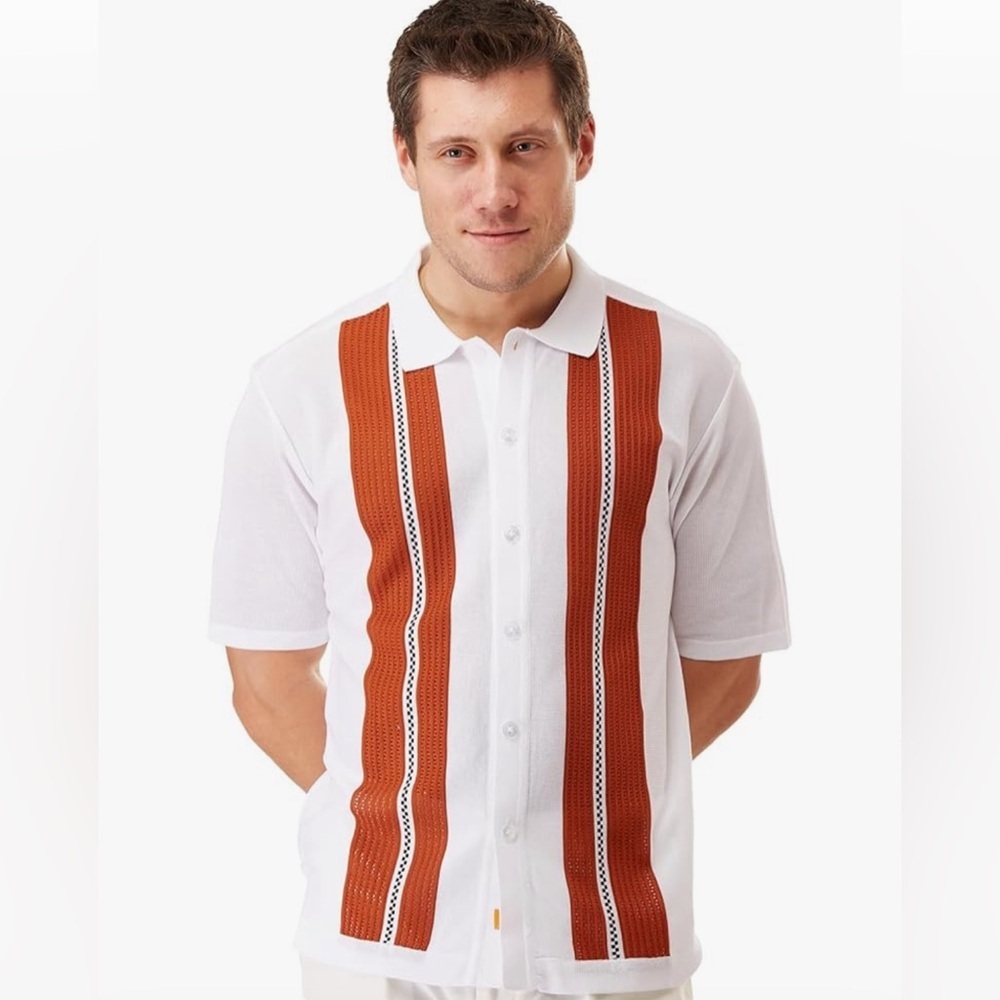 Edition S Mens Short Sleeve Knit white crochet pattern vintage style Shirt